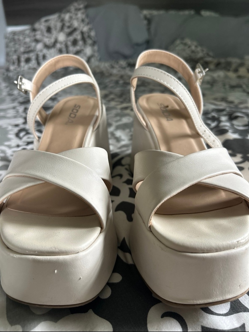 Cream Platform Cross-Strap Sandals with Ankle Buckle